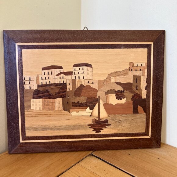 Wooden Marquetry Wall Hanging Picture Mediterranean Town Boat Scene Inlay Wood - Picture 1 of 3